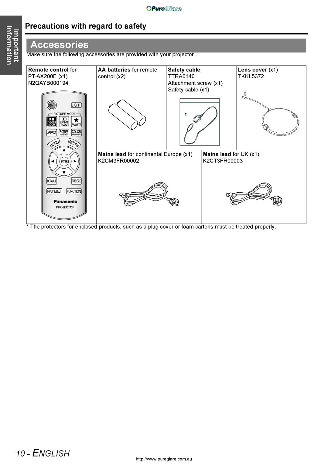 Panasonic PT-AX200E manual Accessories, Mains lead for UK 