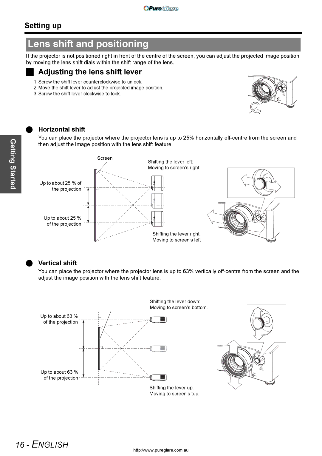 Panasonic PT-AX200E manual Lens shift and positioning, Adjusting the lens shift lever, Horizontal shift, Vertical shift 