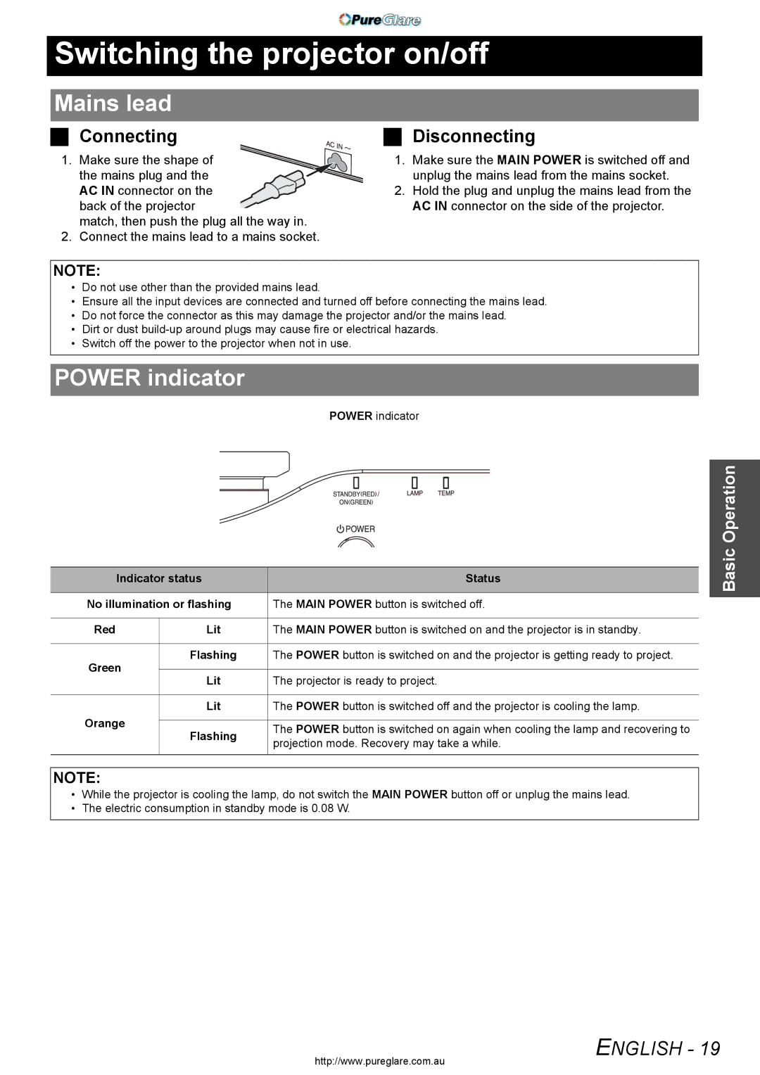 Panasonic PT-AX200E manual Switching the projector on/off, Mains lead, Power indicator, Connecting 