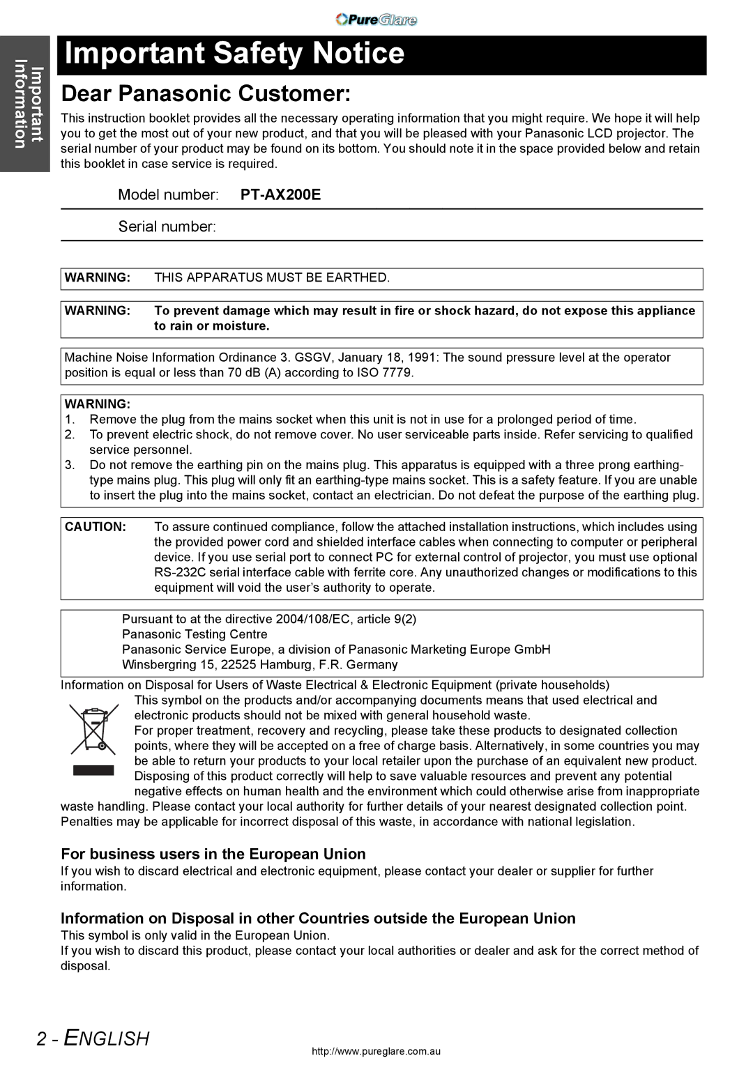 Panasonic PT-AX200E Important Safety Notice, For business users in the European Union, This Apparatus Must be Earthed 