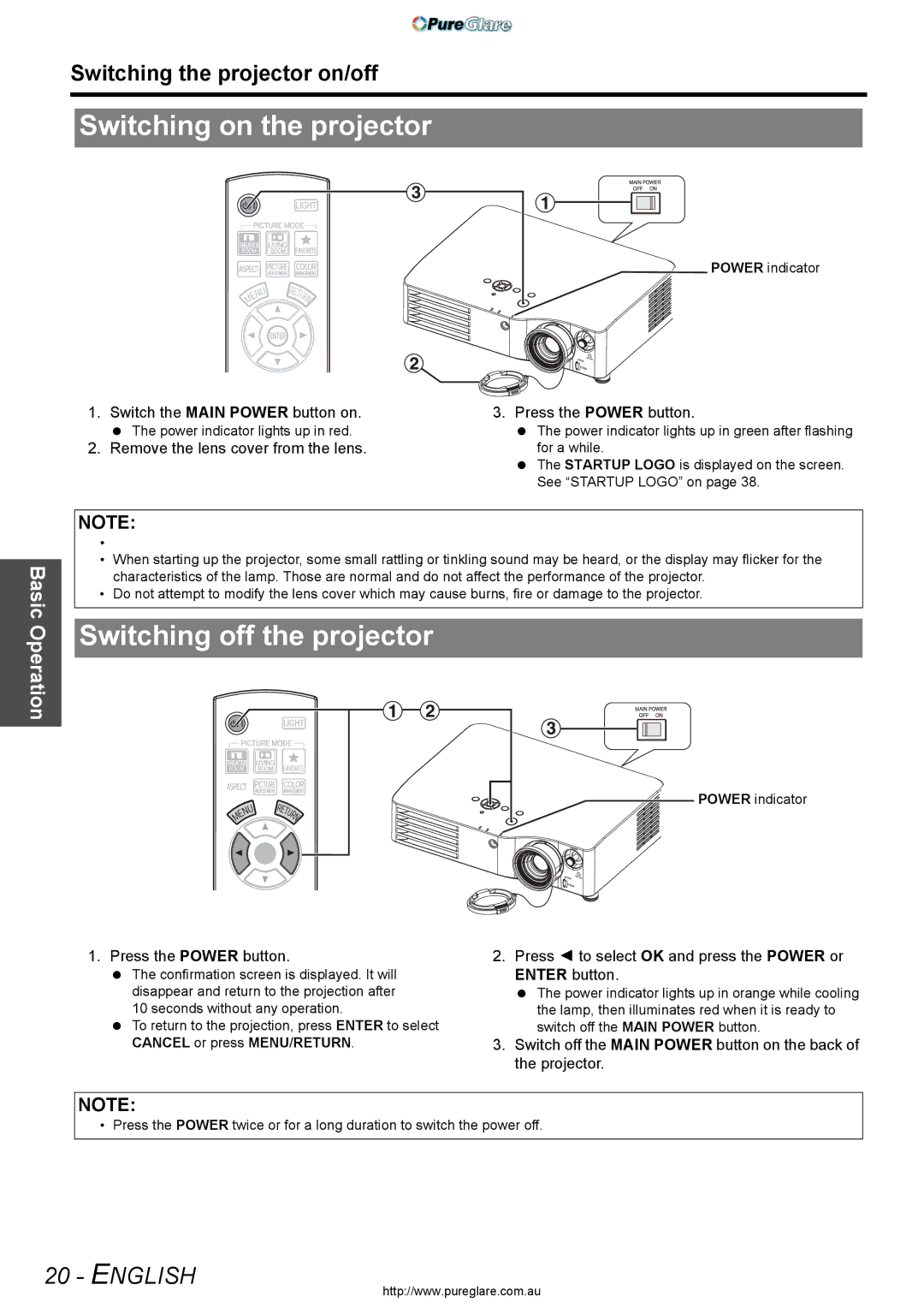 Panasonic PT-AX200E manual Switching on the projector, Switching off the projector, Switching the projector on/off 