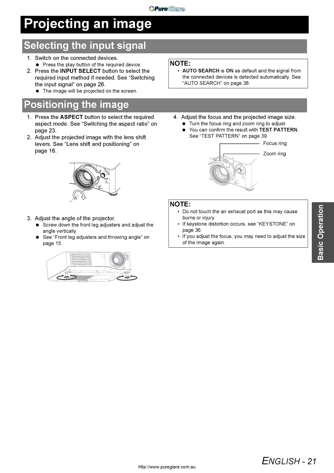 Panasonic PT-AX200E manual Projecting an image, Selecting the input signal, Positioning the image 