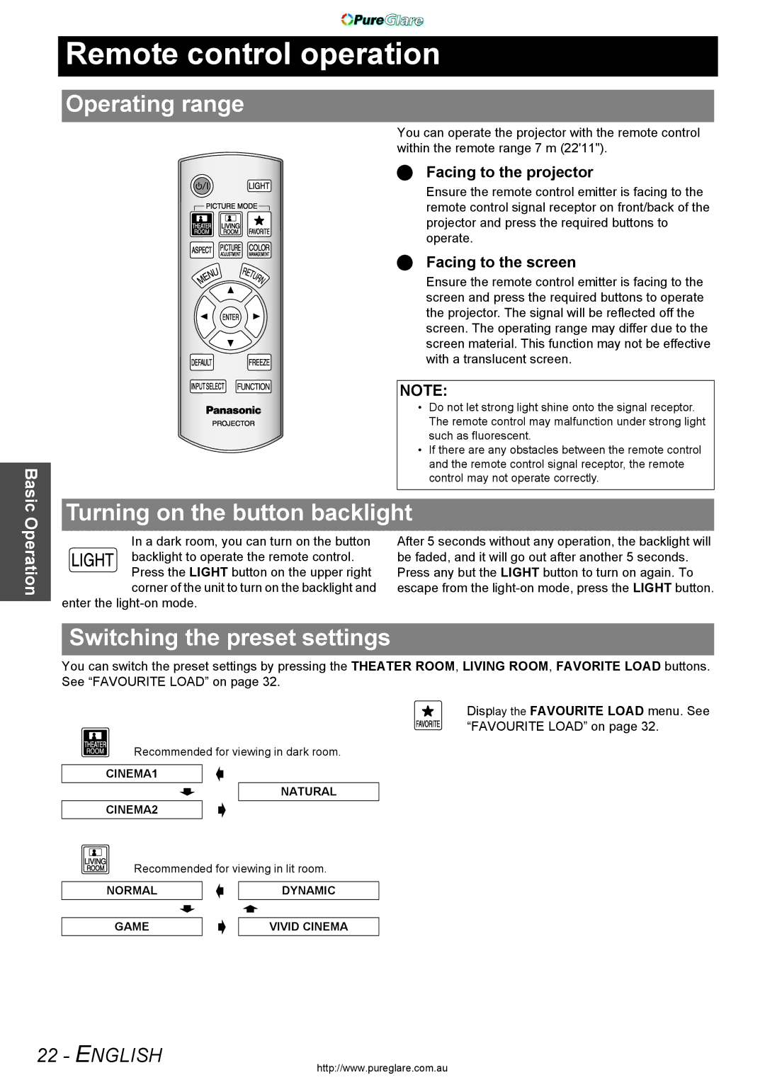 Panasonic PT-AX200E manual Remote control operation, Operating range, Turning on the button backlight 