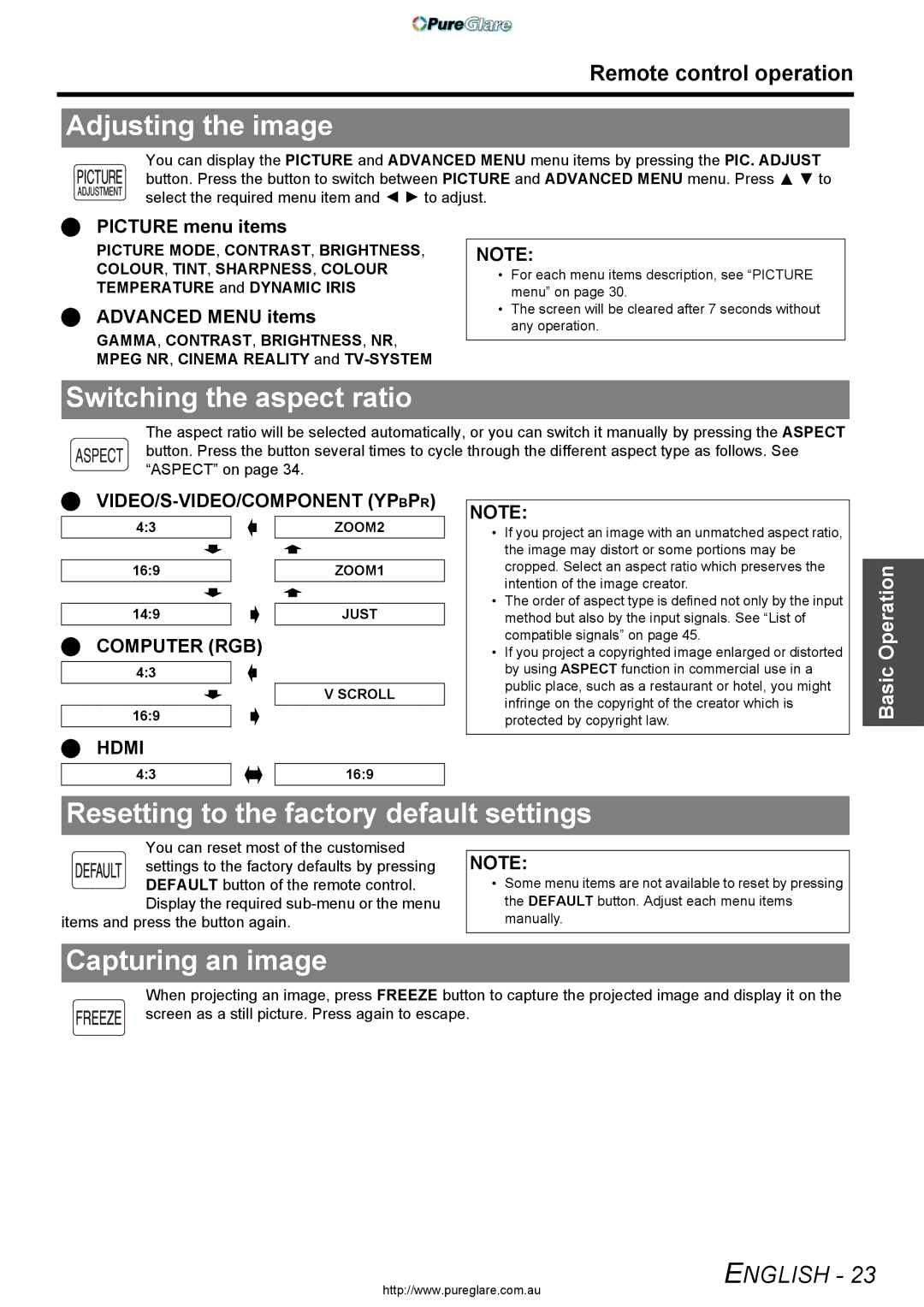 Panasonic PT-AX200E manual Adjusting the image, Switching the aspect ratio, Resetting to the factory default settings 