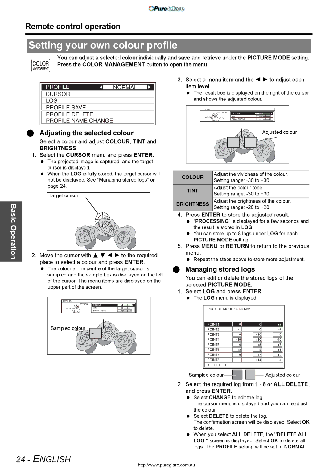 Panasonic PT-AX200E manual Setting your own colour profile, Adjusting the selected colour, Managing stored logs, Brightness 