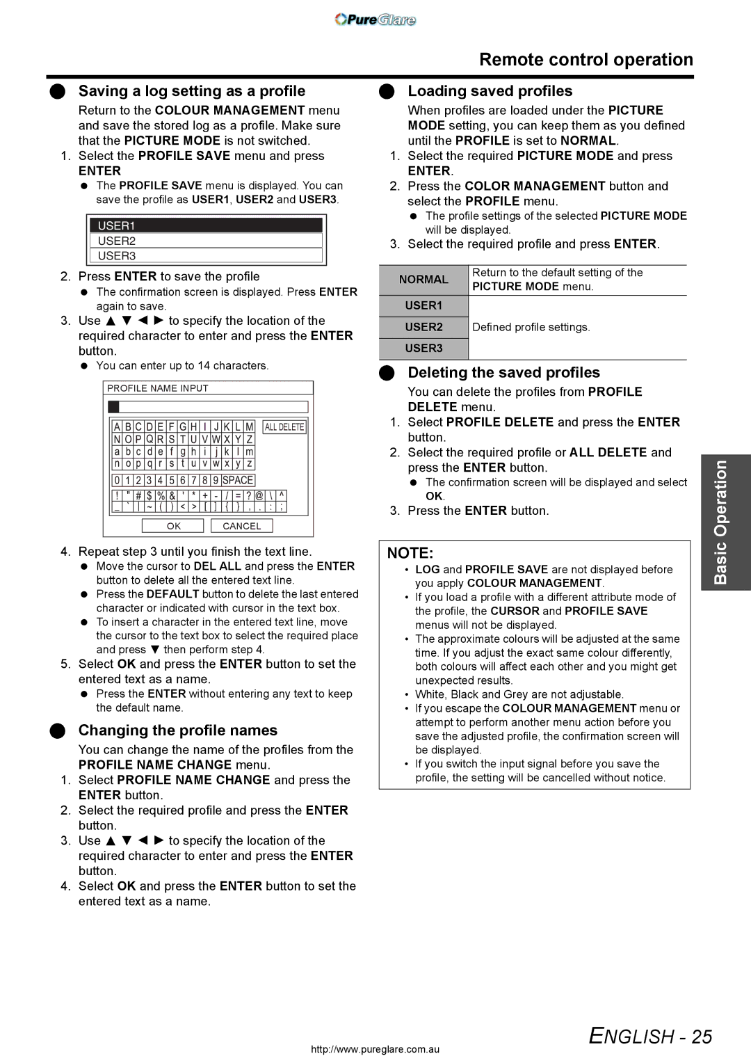 Panasonic PT-AX200E manual Saving a log setting as a profile, Changing the profile names, Loading saved profiles, Enter 