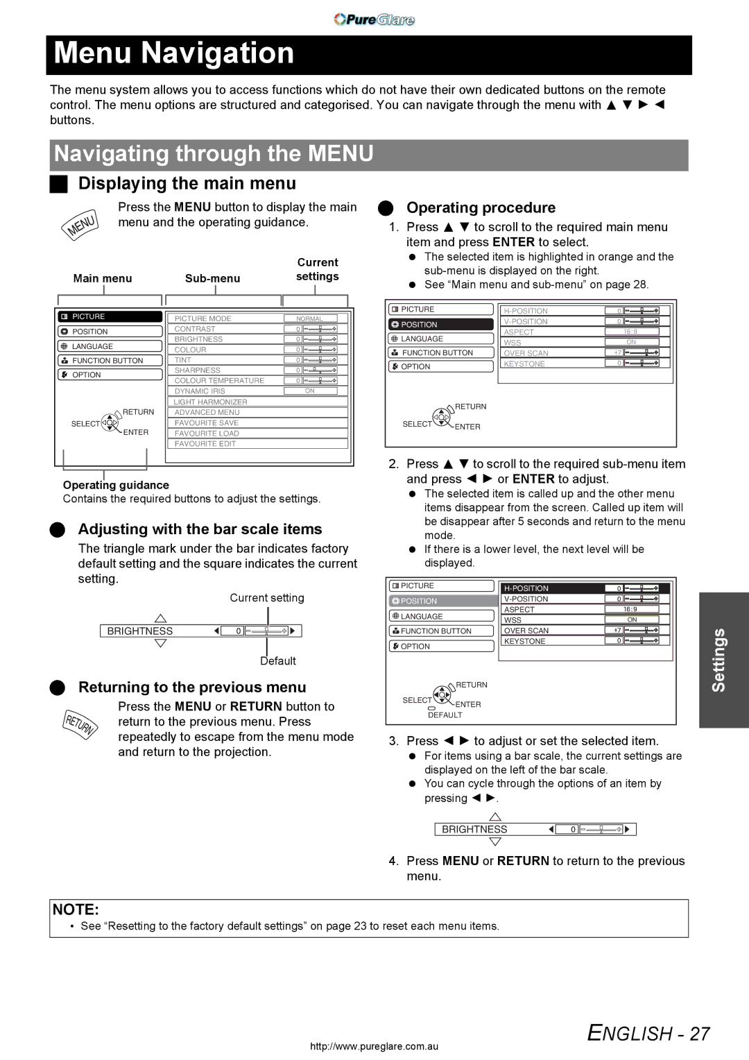 Panasonic PT-AX200E manual Menu Navigation, Navigating through the Menu, Displaying the main menu 