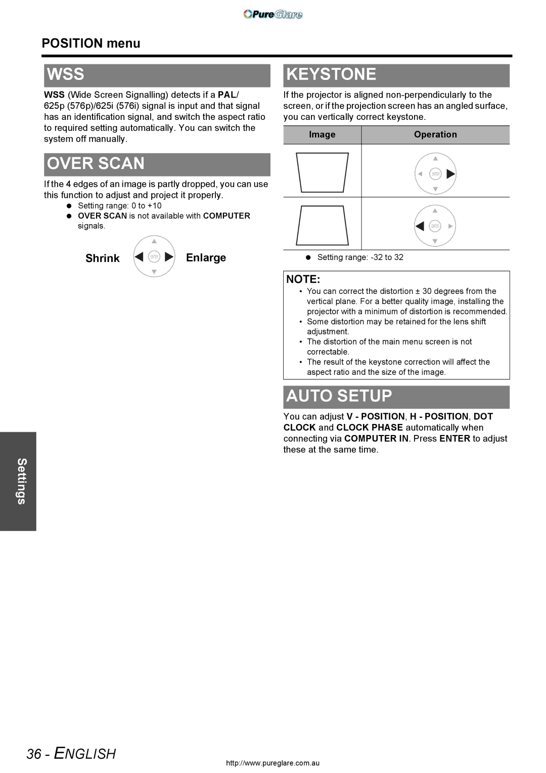 Panasonic PT-AX200E manual Wss, Over Scan, Keystone, Auto Setup, Position menu 