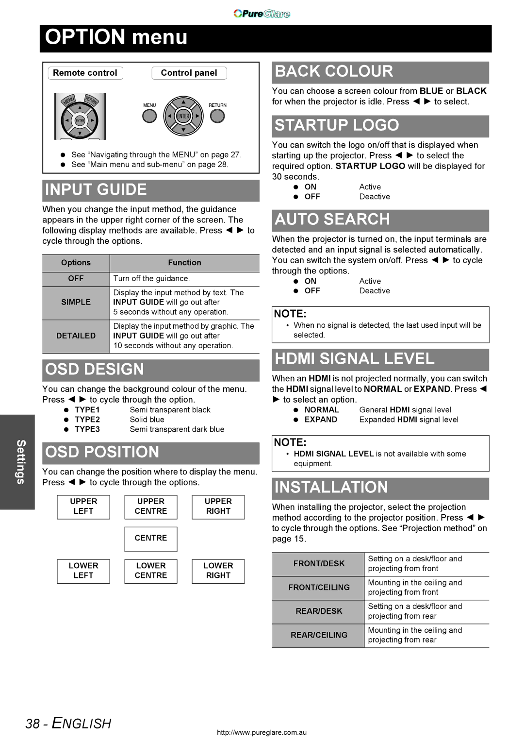 Panasonic PT-AX200E manual Option menu 