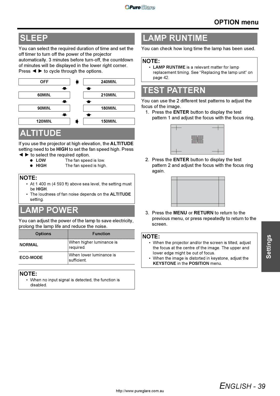 Panasonic PT-AX200E manual Sleep, Lamp Runtime, Test Pattern, Altitude, Lamp Power 