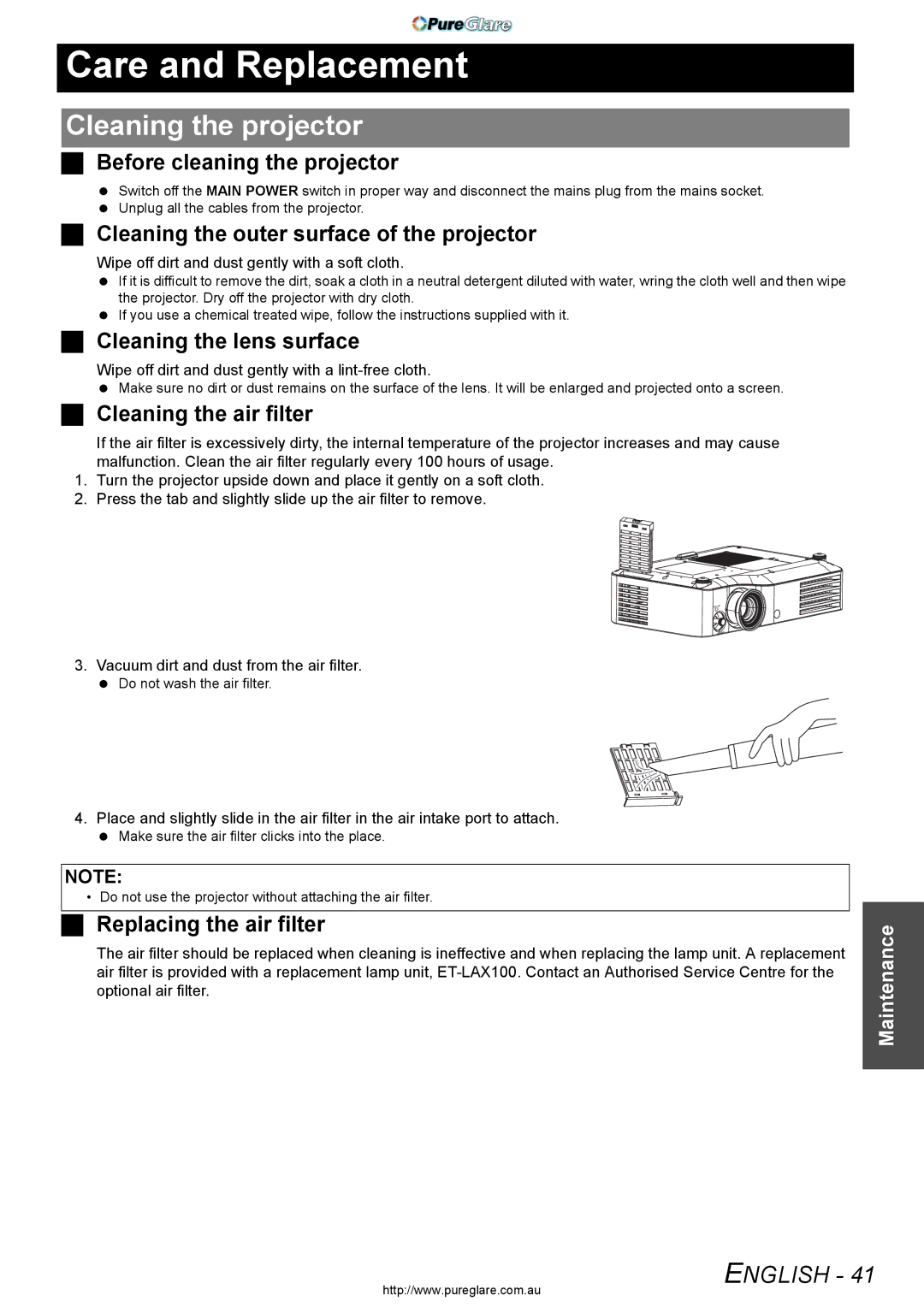 Panasonic PT-AX200E manual Care and Replacement, Cleaning the projector 