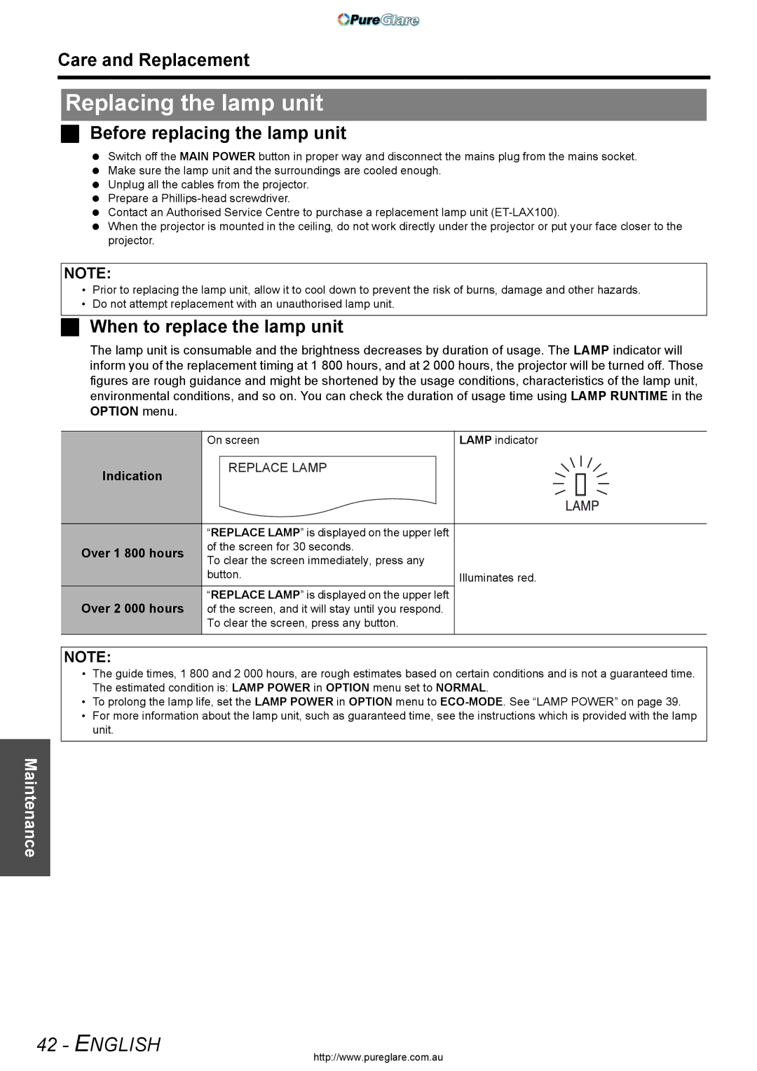 Panasonic PT-AX200E manual Replacing the lamp unit, Care and Replacement, Before replacing the lamp unit 