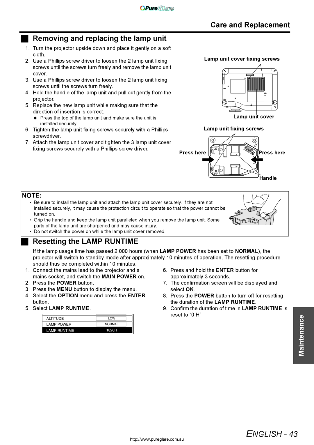 Panasonic PT-AX200E manual Care and Replacement Removing and replacing the lamp unit, Resetting the Lamp Runtime 