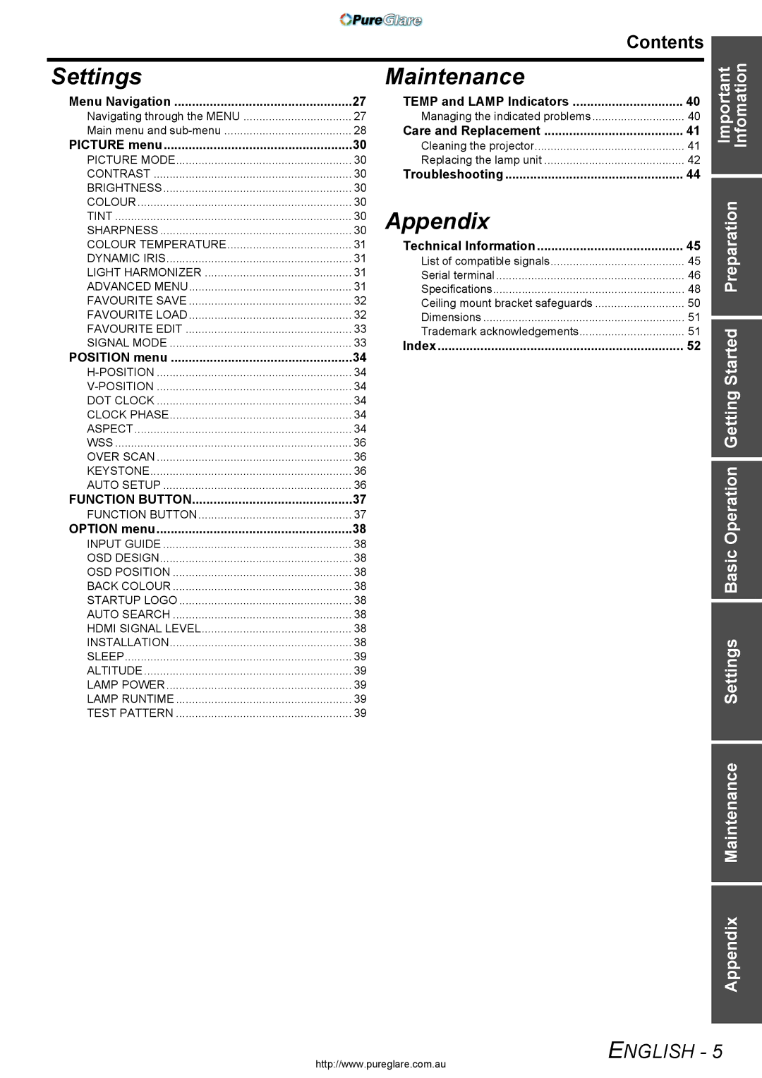 Panasonic PT-AX200E manual Contents, Menu Navigation, Picture menu, Position menu, Function Button 