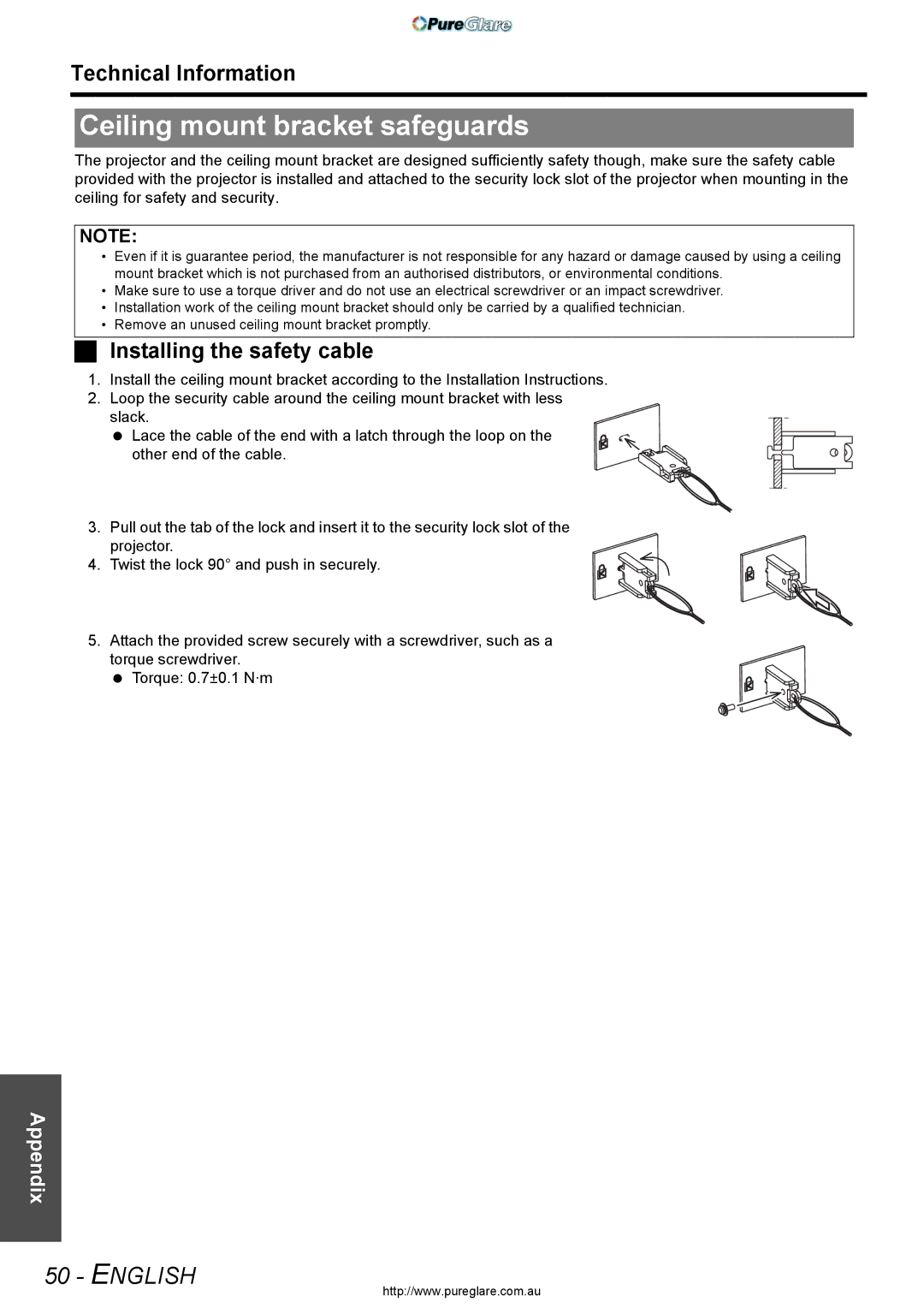 Panasonic PT-AX200E manual Ceiling mount bracket safeguards, Installing the safety cable 