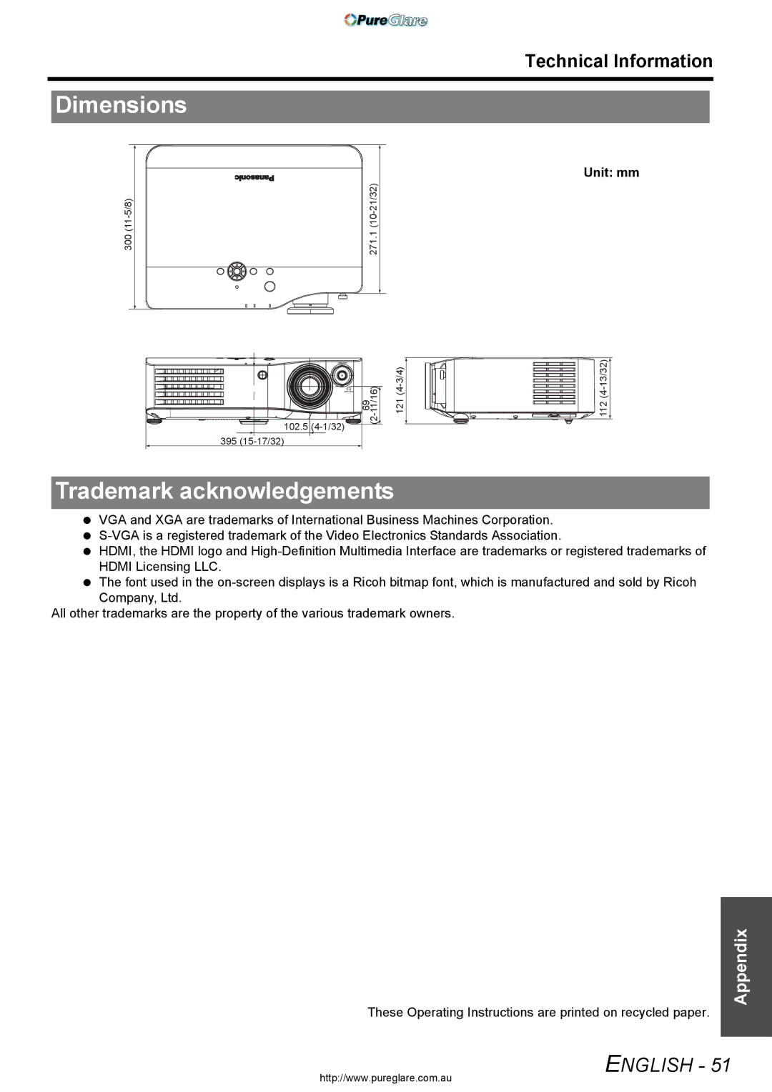 Panasonic PT-AX200E manual Dimensions, Trademark acknowledgements, Unit mm 