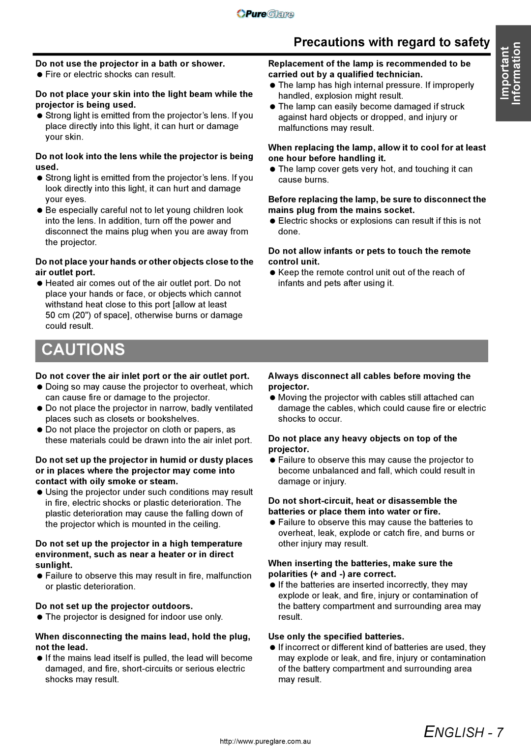 Panasonic PT-AX200E manual Precautions with regard to safety, Do not look into the lens while the projector is being used 