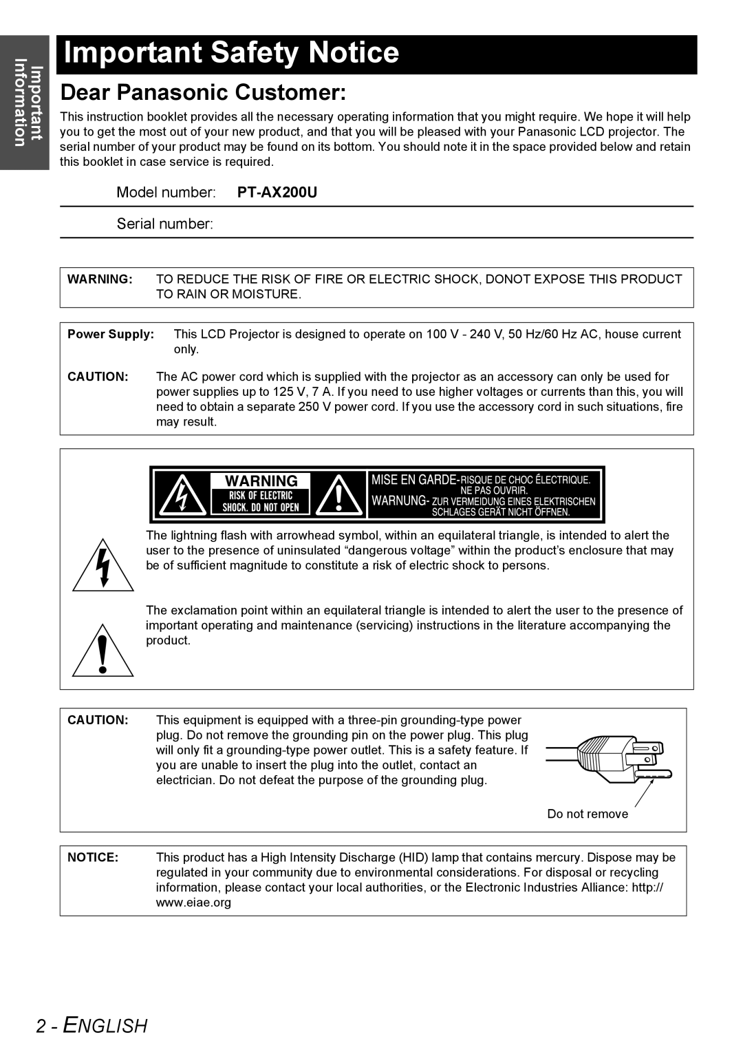 Panasonic PT-AX200U manual Important Safety Notice, Dear Panasonic Customer 