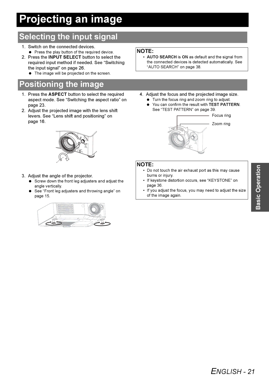 Panasonic PT-AX200U manual Projecting an image, Selecting the input signal, Positioning the image 