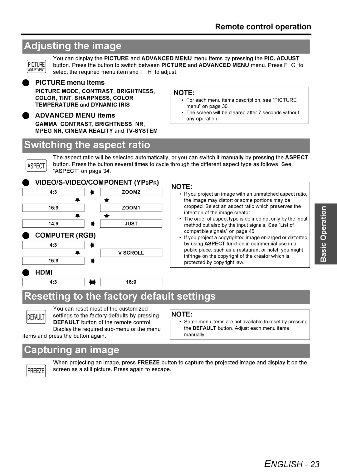 Panasonic PT-AX200U manual Adjusting the image, Switching the aspect ratio, Resetting to the factory default settings 