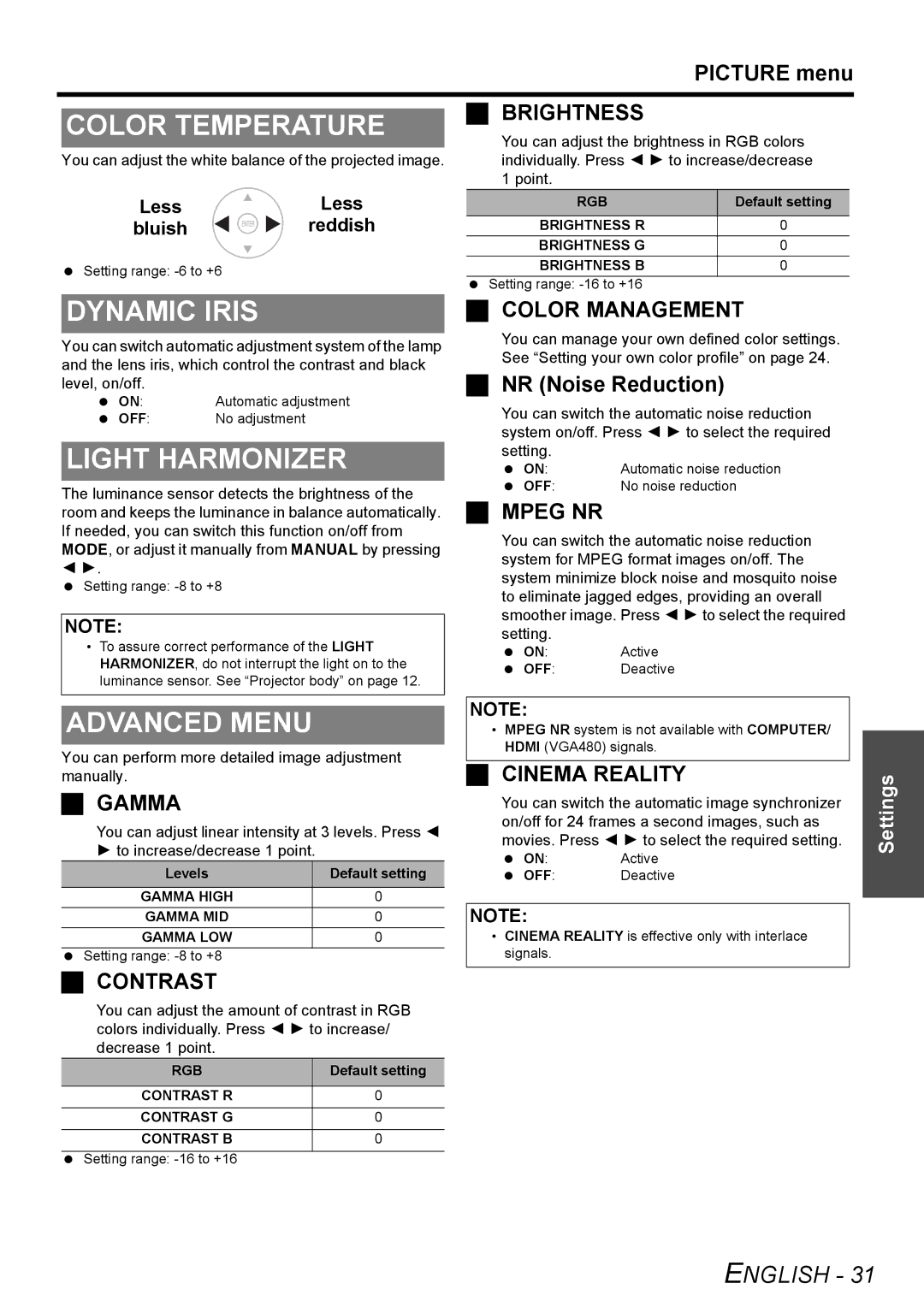 Panasonic PT-AX200U manual Color Temperature, Dynamic Iris, Light Harmonizer, Advanced Menu, NR Noise Reduction 