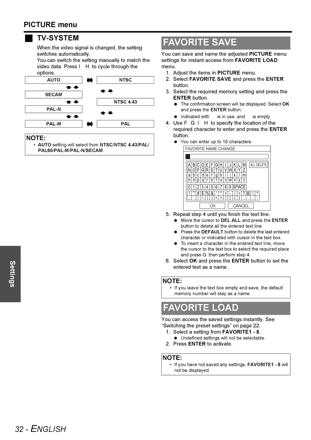 Panasonic PT-AX200U manual Favorite Save, Favorite Load, Picture menu 