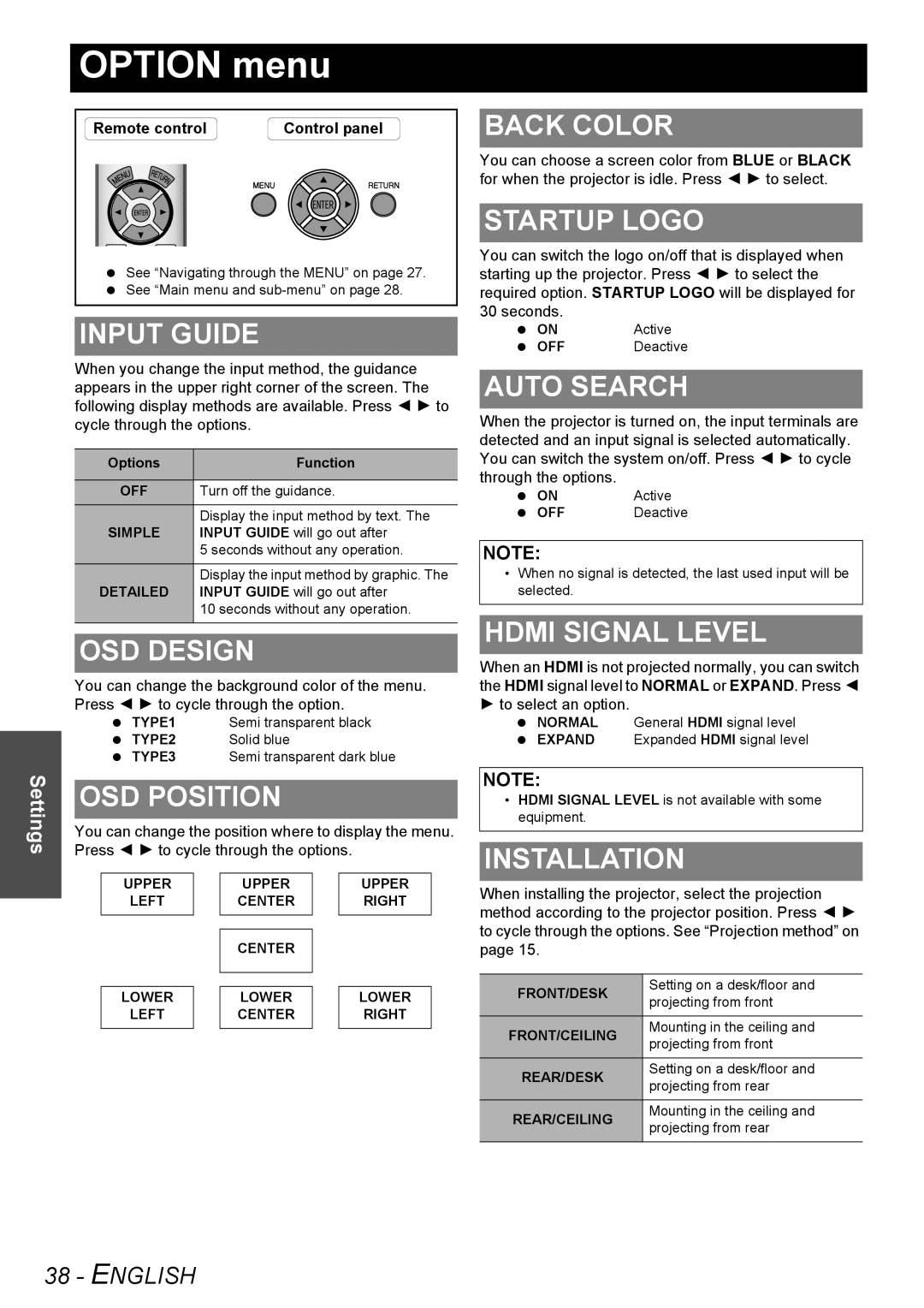 Panasonic PT-AX200U manual Option menu 