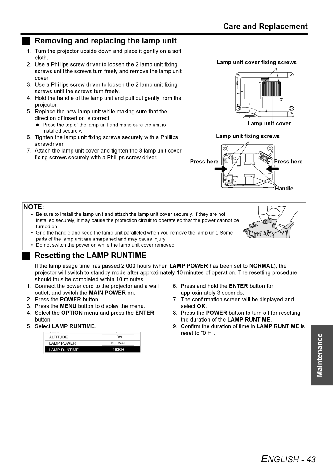 Panasonic PT-AX200U manual Care and Replacement Removing and replacing the lamp unit, Resetting the Lamp Runtime 