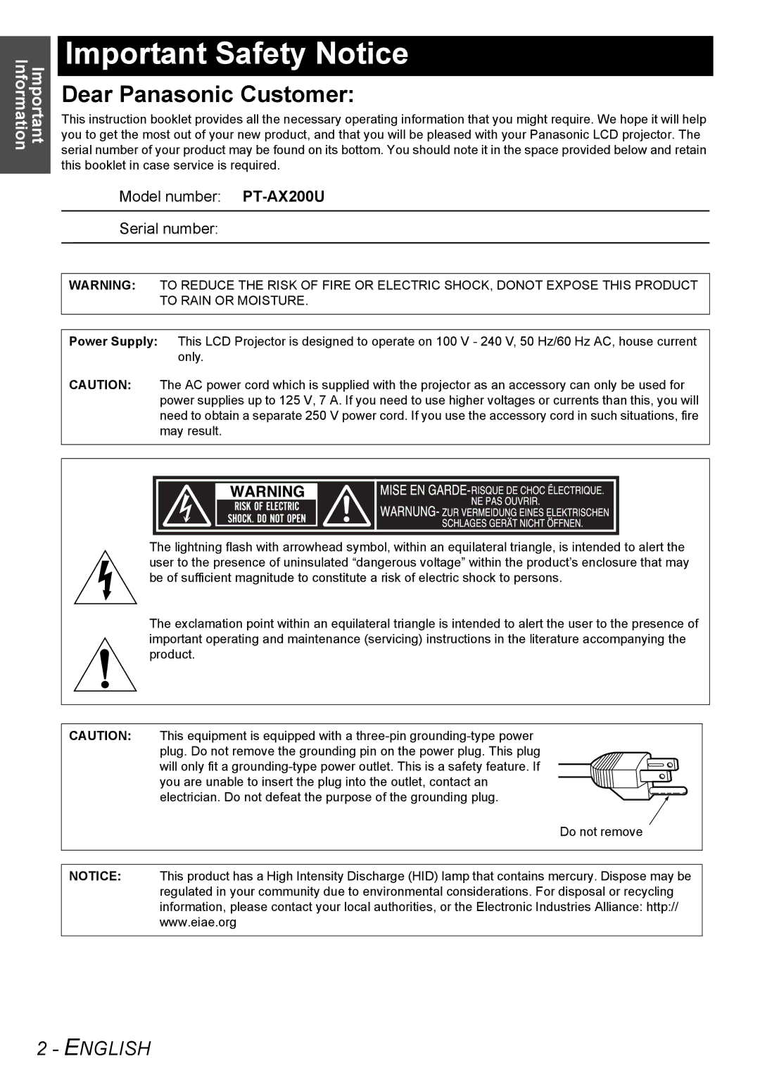 Panasonic PT-AX200U manual Important Safety Notice, Dear Panasonic Customer 