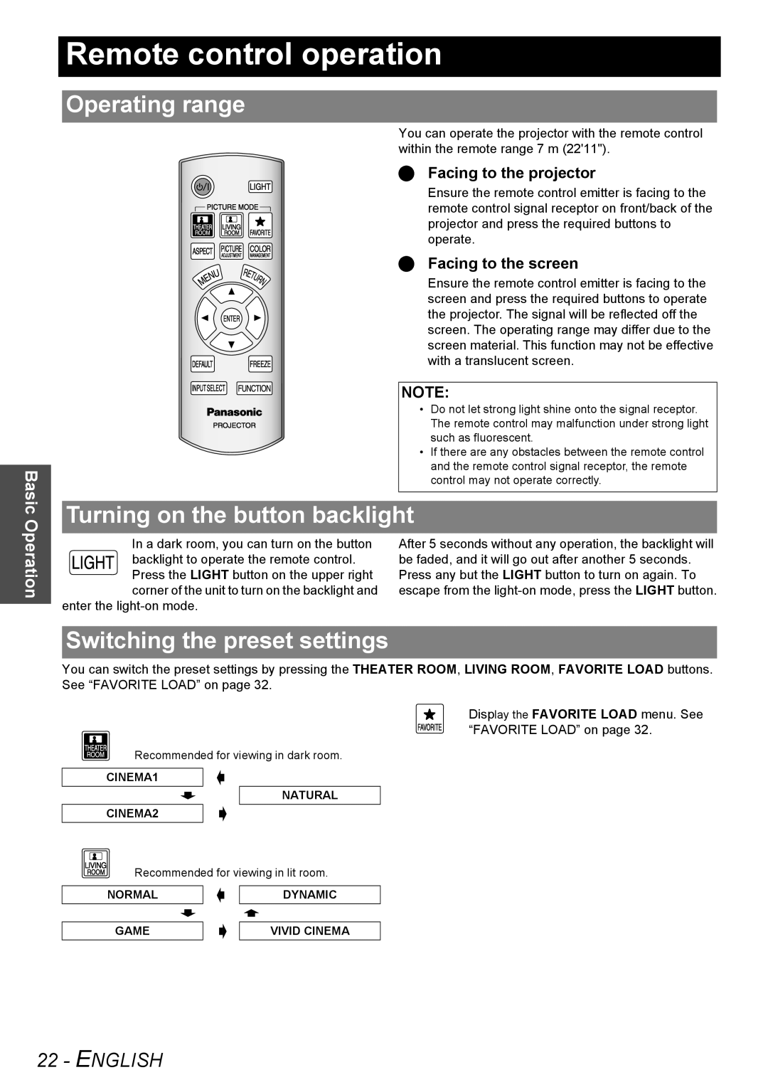 Panasonic PT-AX200U manual Remote control operation, Operating range, Turning on the button backlight 