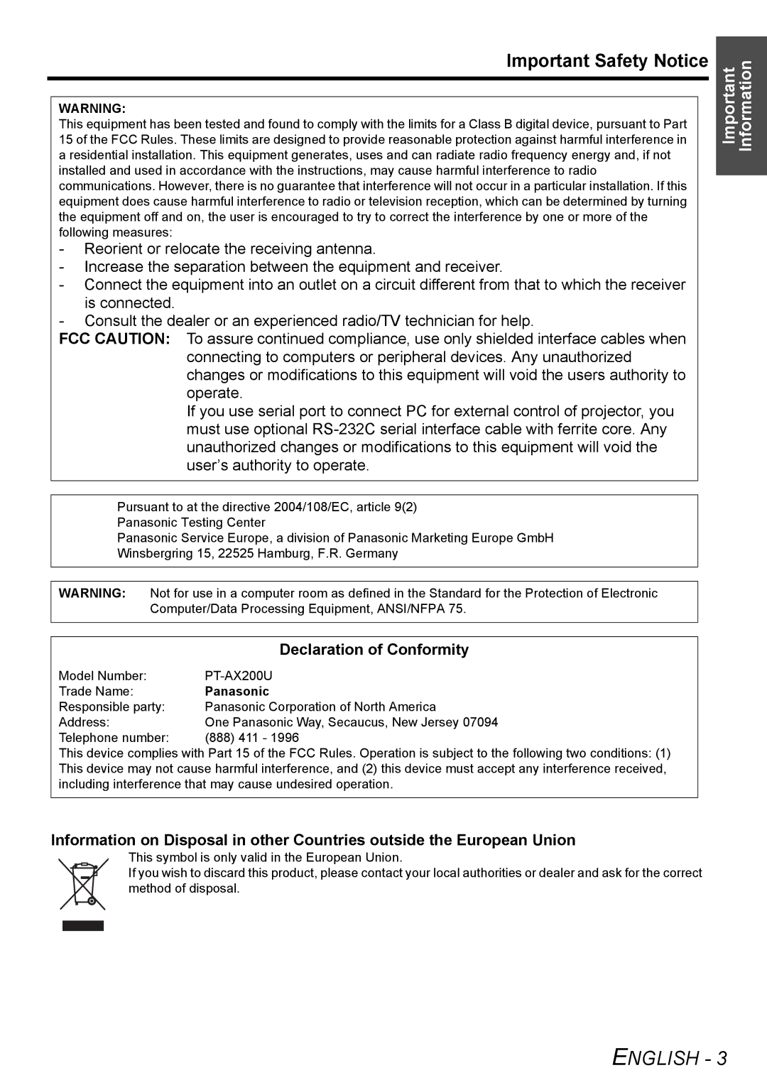 Panasonic manual Important Safety Notice, Declaration of Conformity, Model Number PT-AX200U Trade Name, Panasonic 