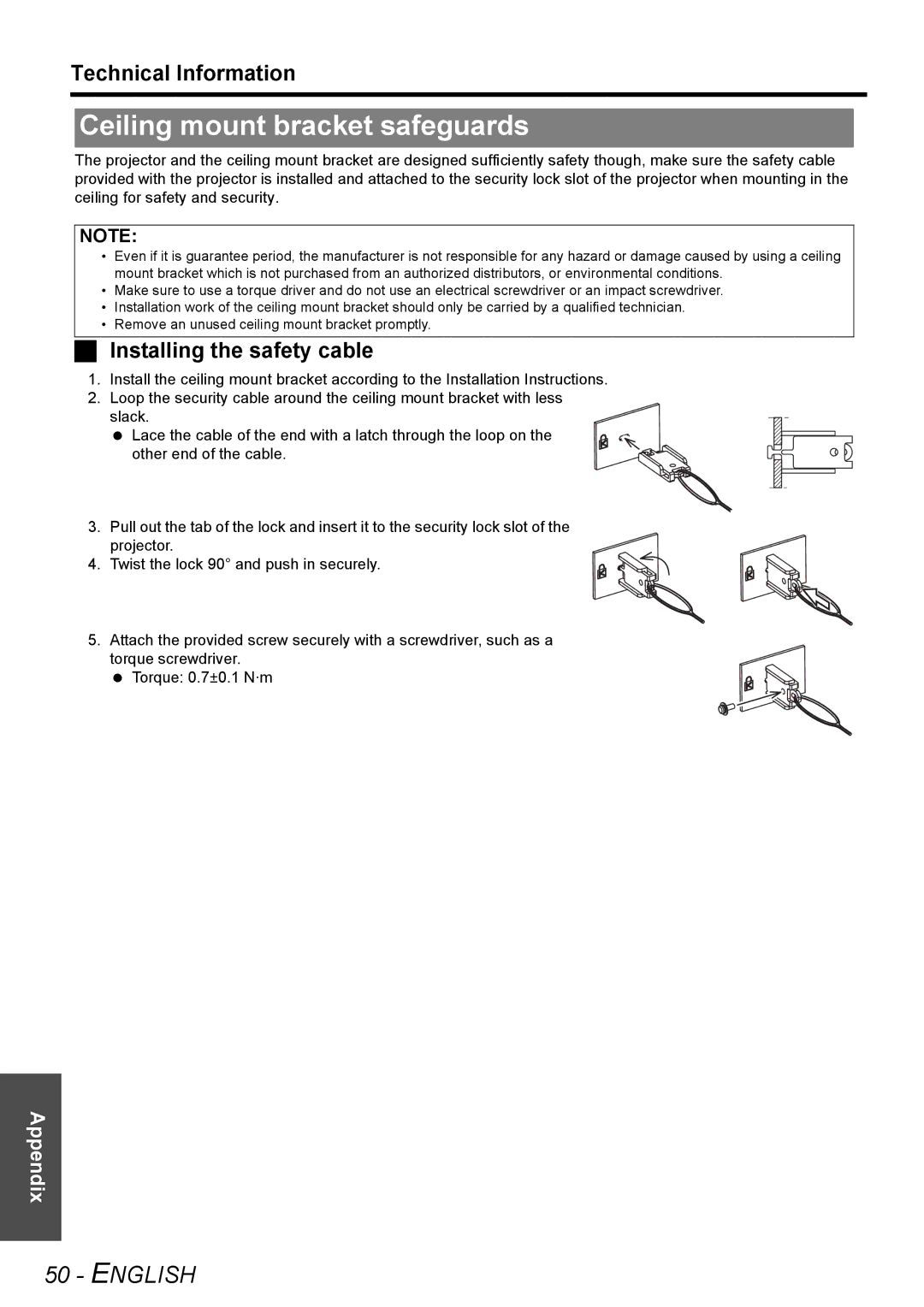 Panasonic PT-AX200U manual Ceiling mount bracket safeguards, Installing the safety cable 