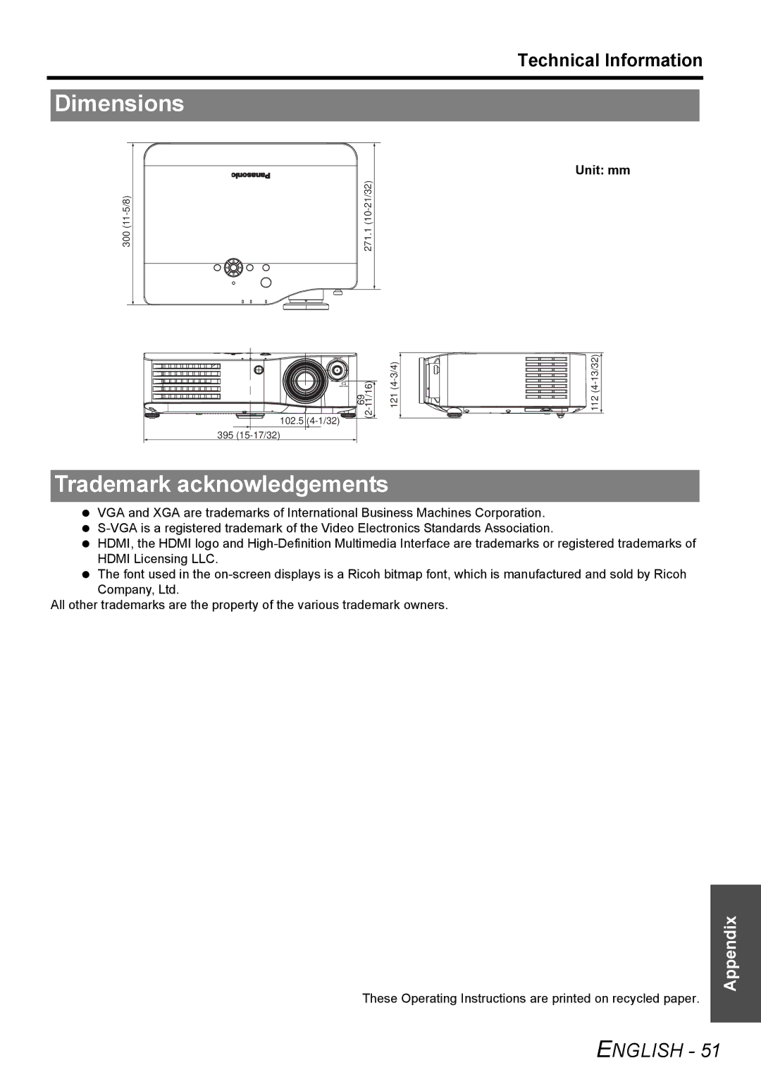 Panasonic PT-AX200U manual Dimensions, Trademark acknowledgements, Unit mm 
