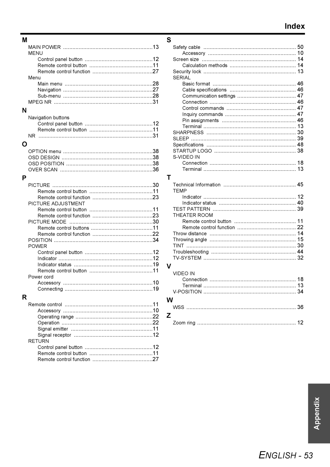 Panasonic PT-AX200U manual Index, Main menu Navigation Sub-menu, Calculation methods, Accessory Connecting 