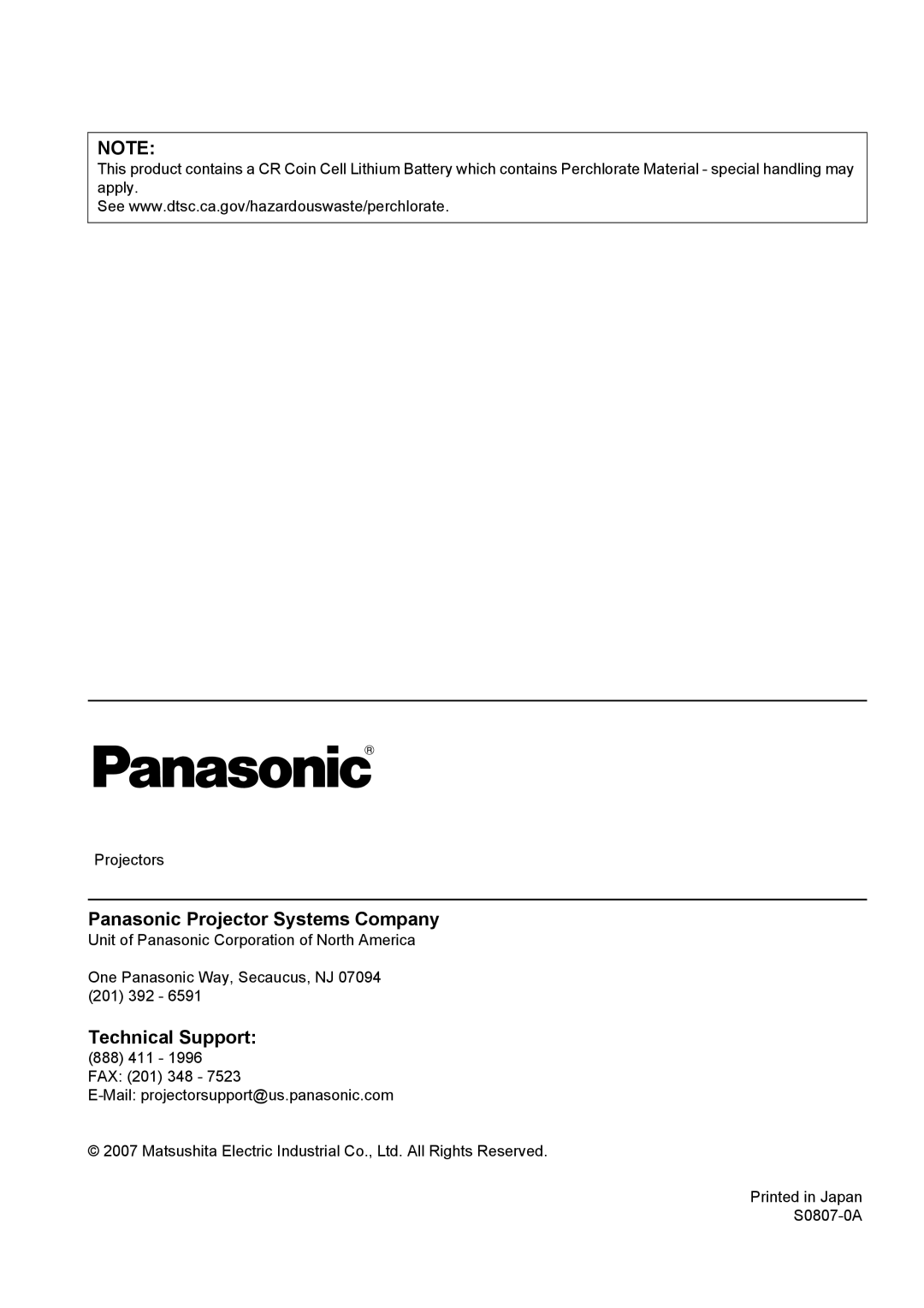 Panasonic PT-AX200U manual Panasonic Projector Systems Company, Technical Support 