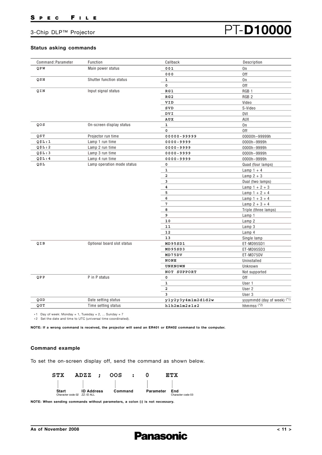 Panasonic PT-D10000 specifications Status asking commands, Command example 