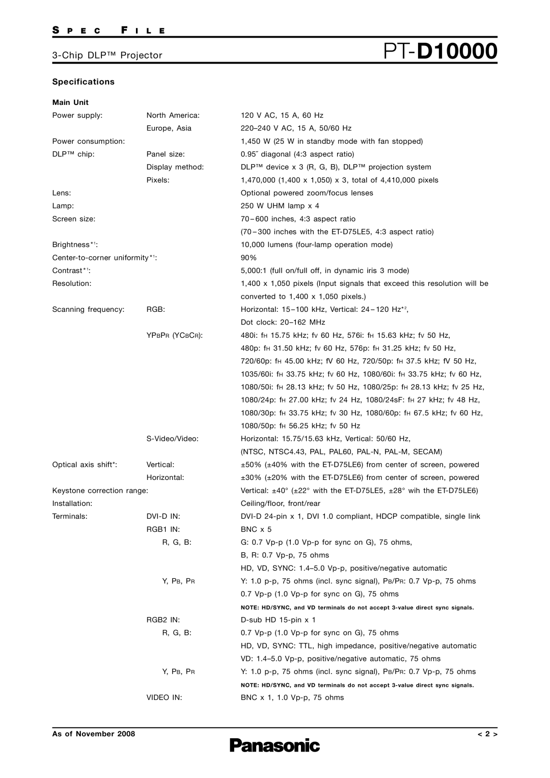 Panasonic PT-D10000 specifications Specifications 