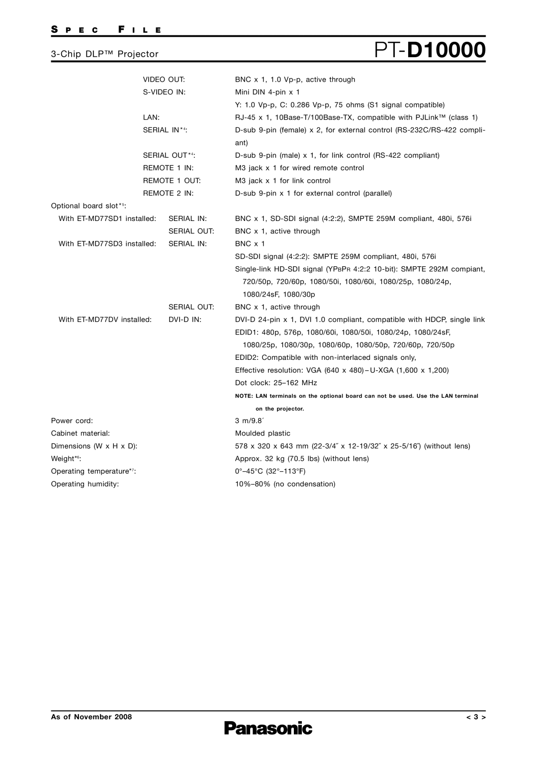 Panasonic PT-D10000 specifications Serial OUT 