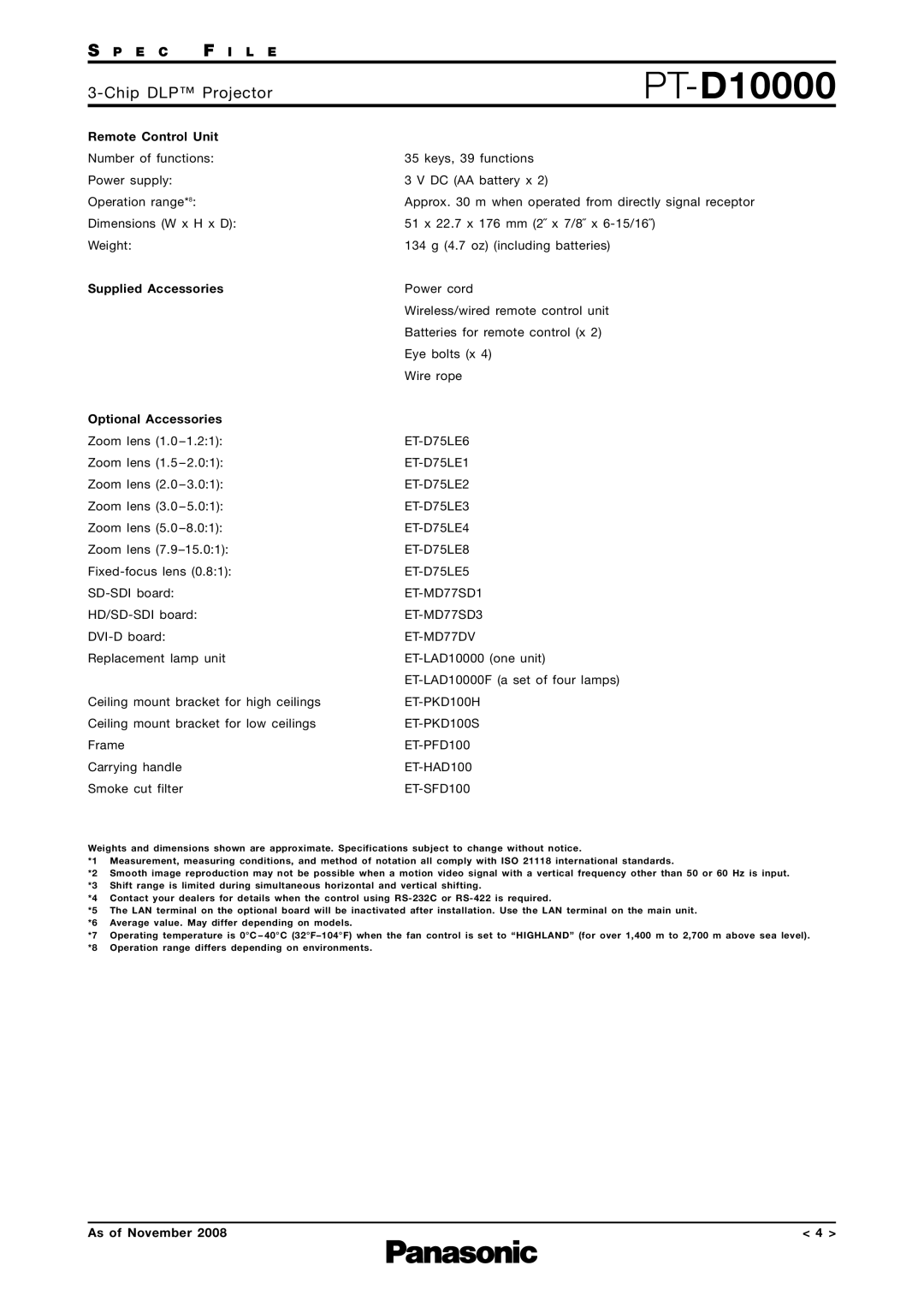 Panasonic PT-D10000 specifications Remote Control Unit, ET-PKD100S ET-PFD100 ET-HAD100 ET-SFD100 