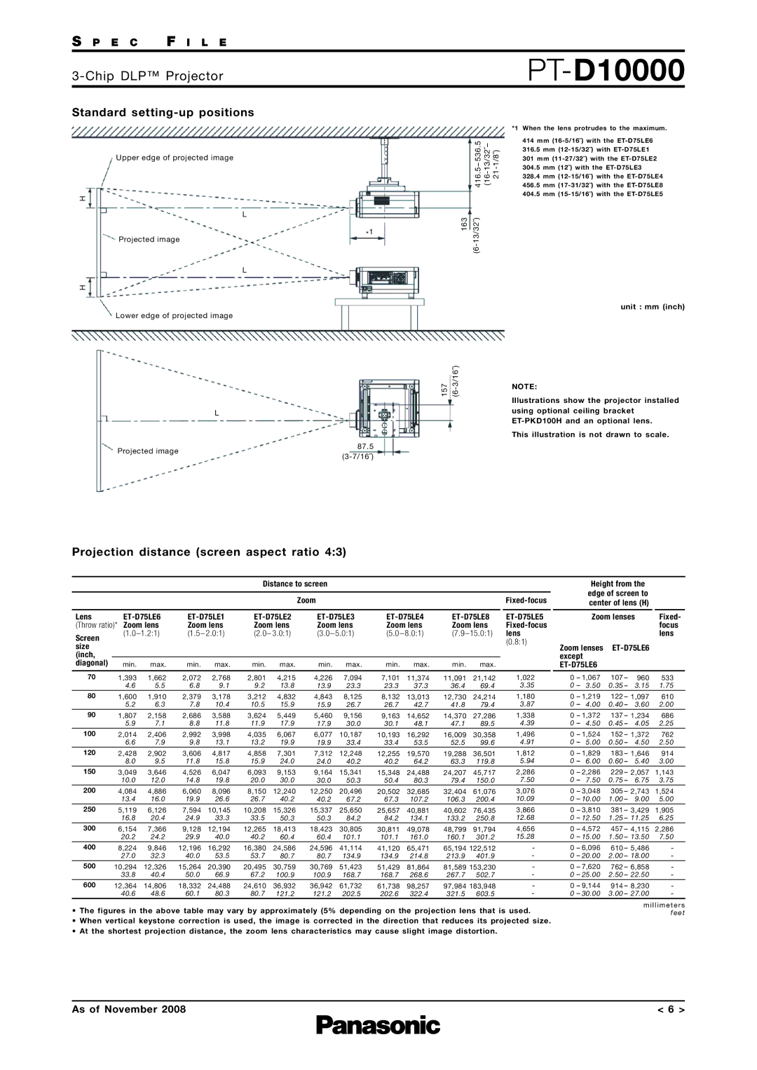 Panasonic PT-D10000 specifications Standard setting-up positions, Projection distance screen aspect ratio 