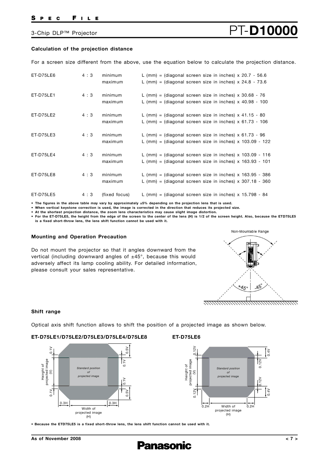 Panasonic PT-D10000 Calculation of the projection distance, Mounting and Operation Precaution, Shift range, ET-D75LE6 