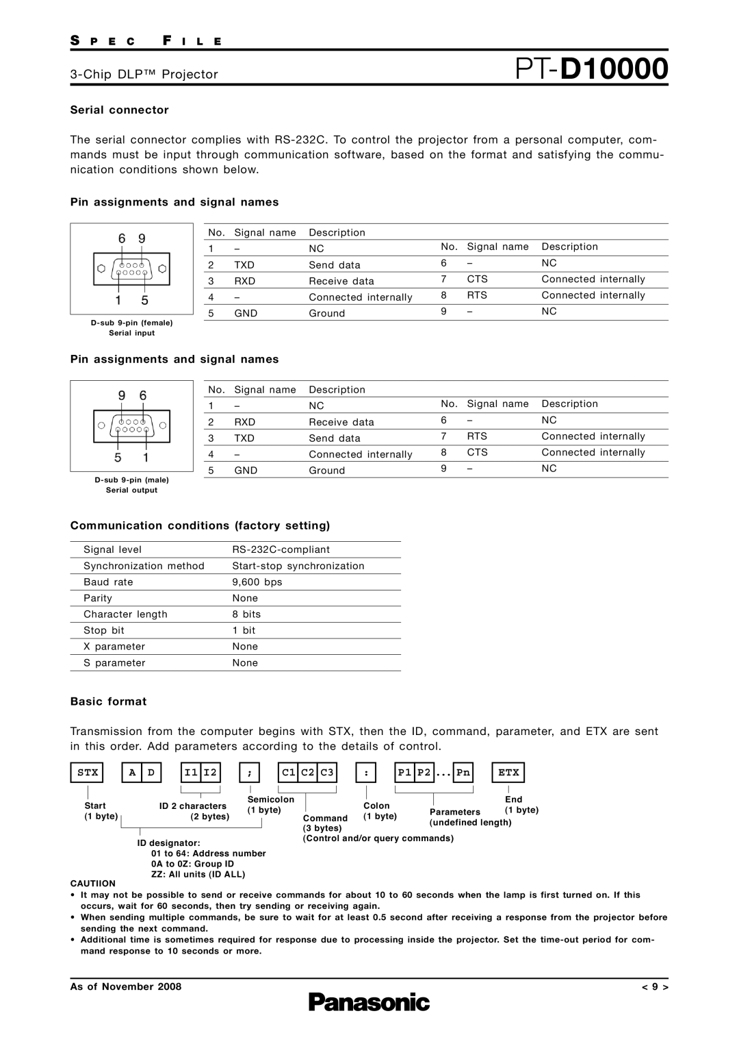 Panasonic PT-D10000 Serial connector, Pin assignments and signal names, Communication conditions factory setting 