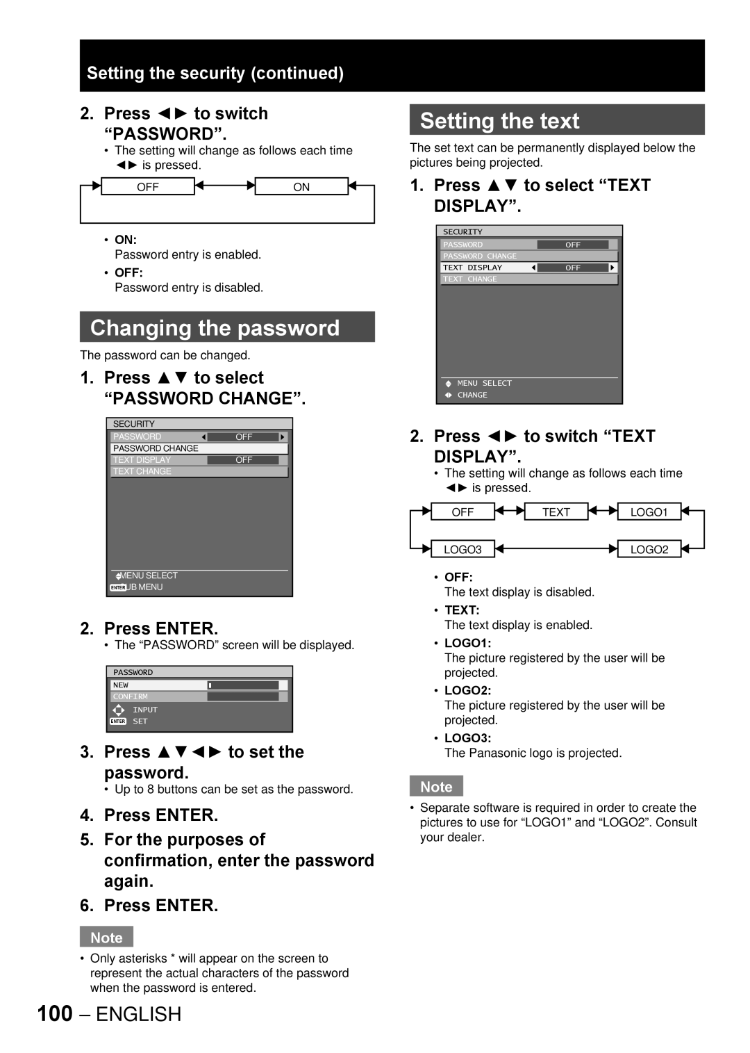 Panasonic PT-D10000E, PT-DW10000E manual Setting the text, Changing the password, Password Change, Press to set the password 