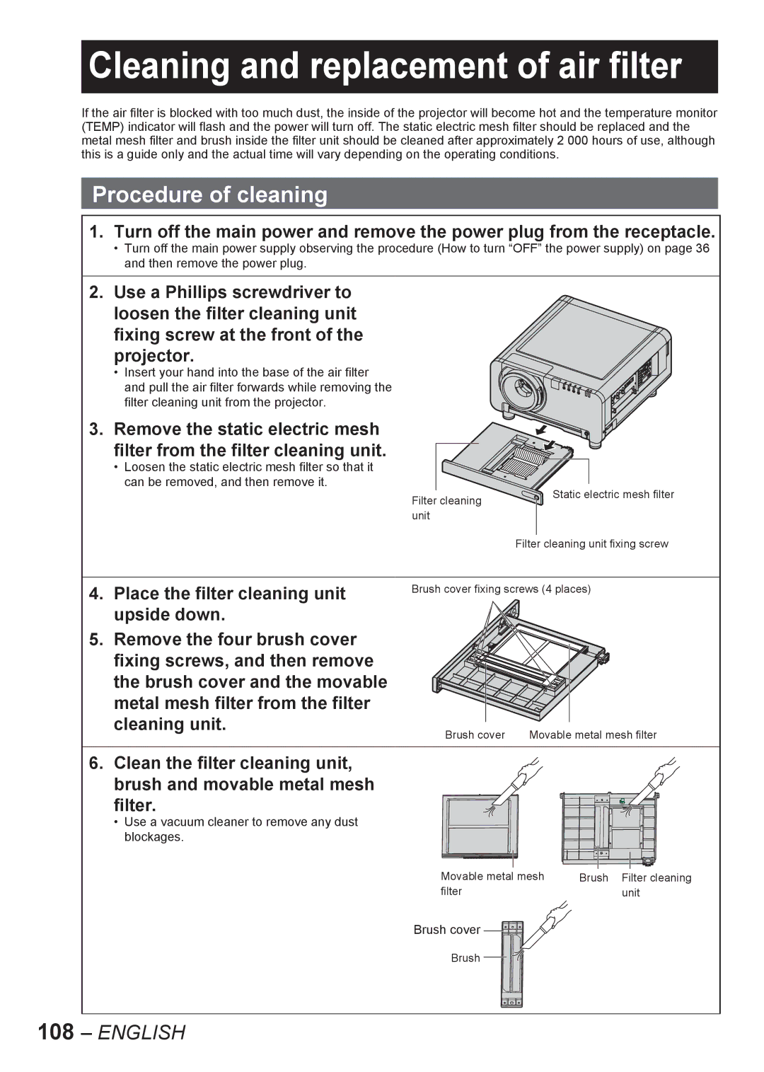 Panasonic PT-D10000E manual Cleaning and replacement of air filter, Procedure of cleaning, Place the filter cleaning unit 