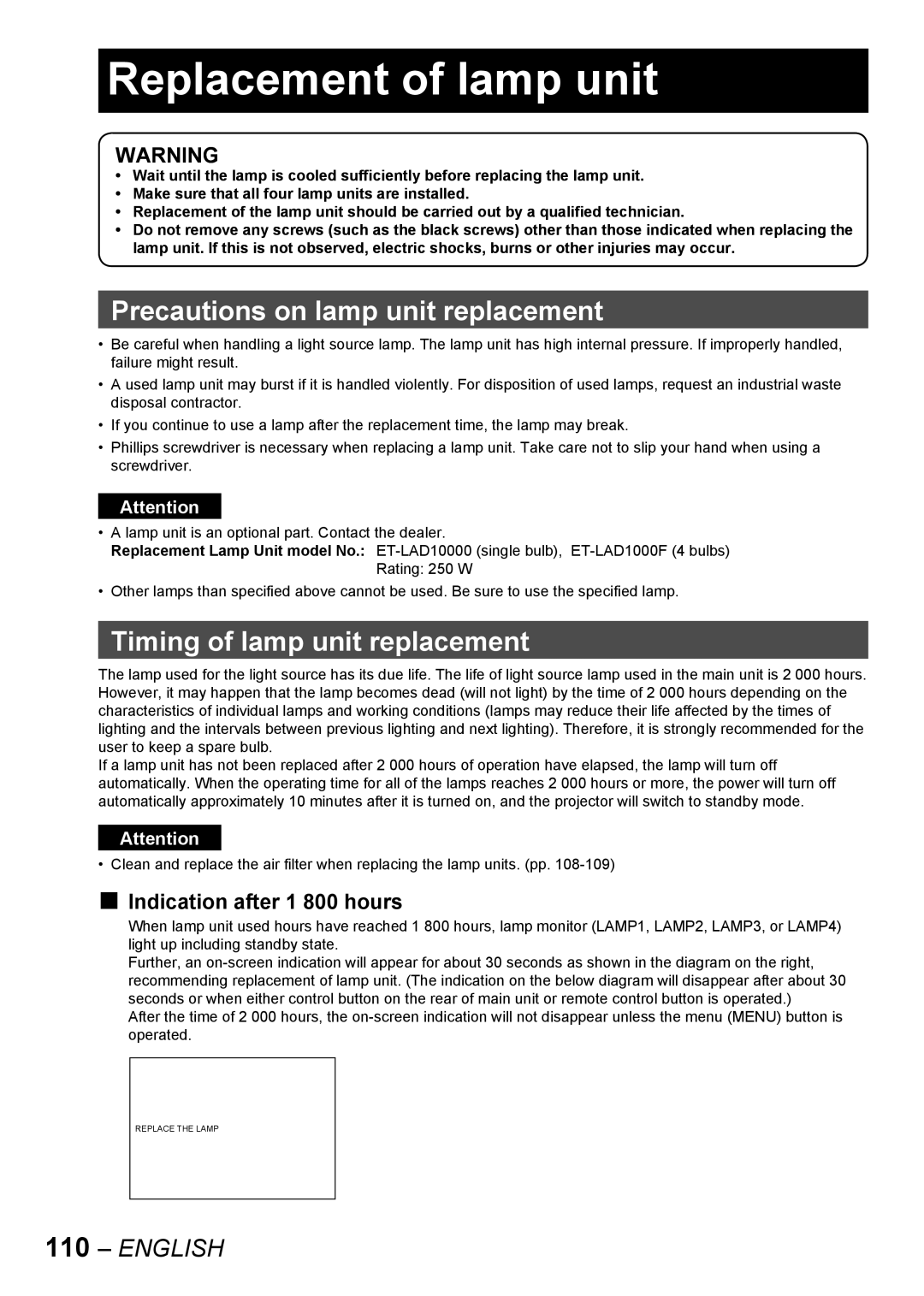 Panasonic PT-D10000E manual Replacement of lamp unit, Precautions on lamp unit replacement, Timing of lamp unit replacement 