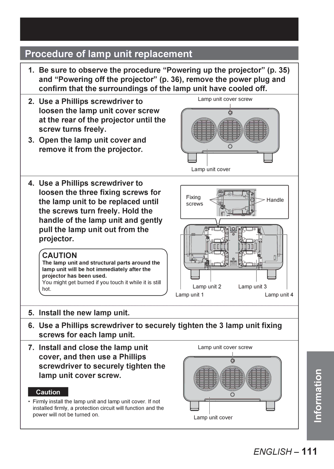 Panasonic PT-DW10000E, PT-D10000E manual Procedure of lamp unit replacement, Lamp unit cover 