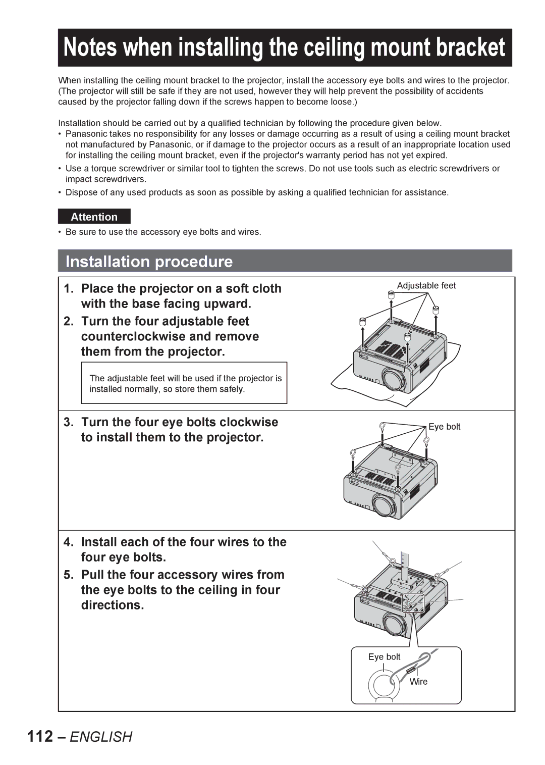 Panasonic PT-D10000E, PT-DW10000E manual Installation procedure, Eye bolt Wire 