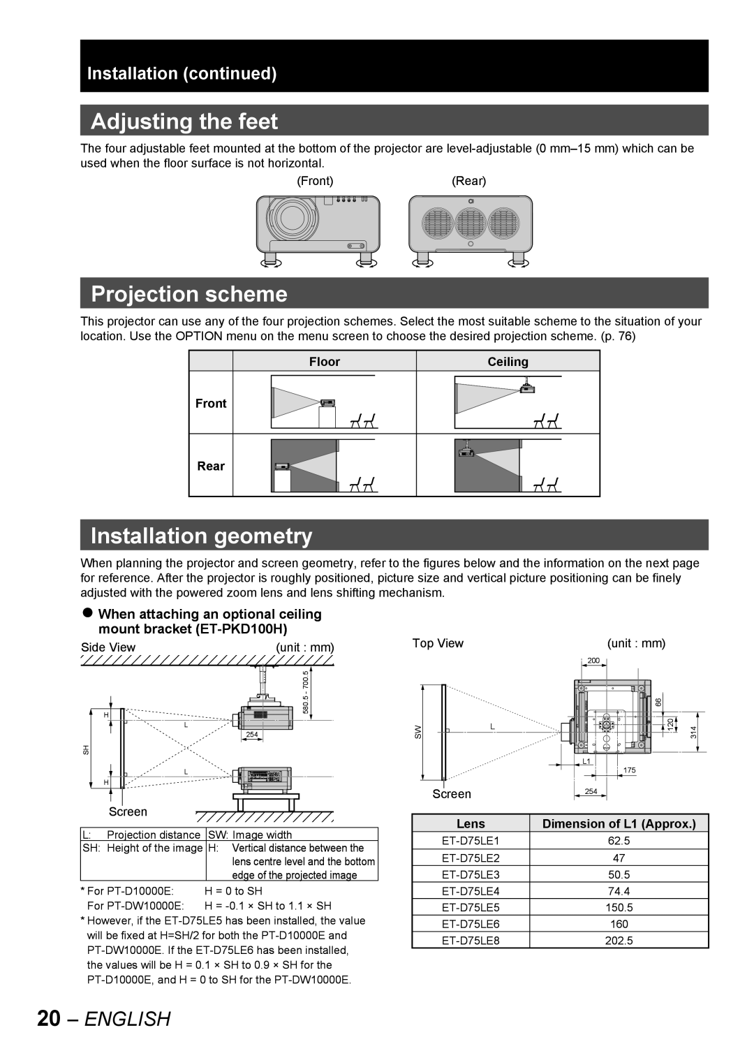 Panasonic PT-D10000E, PT-DW10000E manual Adjusting the feet, Projection scheme, Installation geometry 