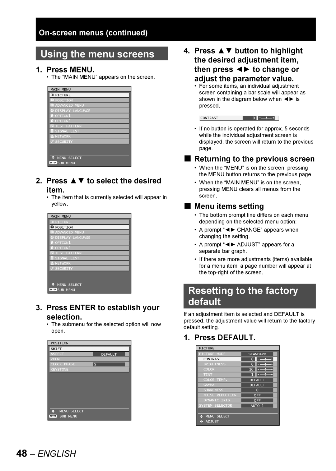 Panasonic PT-D10000E, PT-DW10000E manual Using the menu screens, Resetting to the factory default 