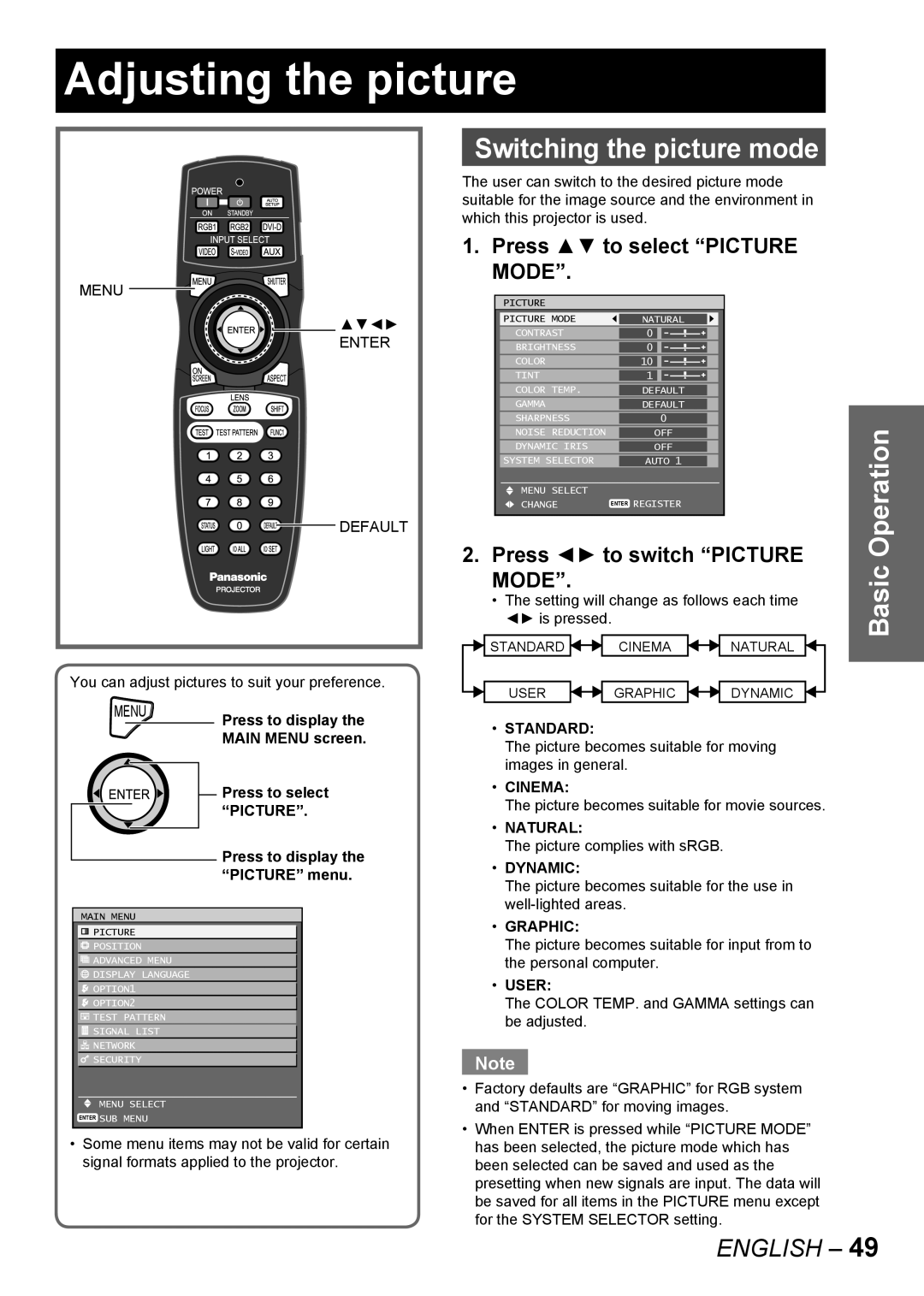 Panasonic PT-DW10000E, PT-D10000E manual Adjusting the picture, Switching the picture mode, Press to select Picture, Mode 